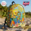 SpongeBob SquarePants backpack featuring an autism awareness puzzle pattern, a rainbow ribbon, and Patrick Star.!