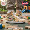 High-top beige sneakers featuring SpongeBob SquarePants, Patrick, and Squidward graphics on a playground background.!