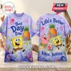 SpongeBob SquarePants Purple Bikini Bottom T-Shirt featuring Patrick, Gary, pineapple house, and bubbles graphic print.