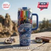Star Trek 60th anniversary stainless steel tumbler with straw featuring NCC-1701 ship, crew, and rainbow backdrop.!