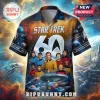 Star Trek 60th anniversary button-down shirt featuring a galaxy print, USS Enterprise, and classic series characters.!