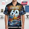 Star Trek 60th anniversary button-up shirt with space nebula print, classic cast ensemble, and USS Enterprise starship graphic.!