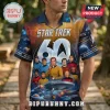 Star Trek 60th anniversary button-down shirt featuring a space nebula print, USS Enterprise, and iconic franchise characters.!