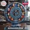 Star Trek themed circular desk clock featuring character portraits and starship models on a blue metallic gear background.!