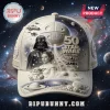 Cream-colored Star Wars 50th anniversary baseball cap with embossed Darth Vader, Rey, Grogu, and Death Star graphics.!