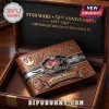 Star Wars 50th Anniversary Embossed Leather Wallet featuring Luke Skywalker and Darth Vader inside a wooden display case.