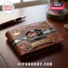 Star Wars 50th Anniversary Embossed Leather Wallet featuring Obi-Wan and Darth Vader duel on a brown textured surface.