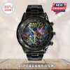 Black stainless steel wristwatch featuring a Star Wars 50th anniversary dial with Darth Vader, Luke, and various characters.!