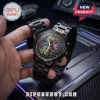 Black stainless steel Star Wars 50th anniversary watch with gold hands and space-themed dial featuring movie characters.!