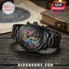 Black stainless steel Star Wars 50th anniversary watch with gold hands and space-themed dial featuring movie characters.!