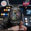 Star Wars 50th anniversary watch with black metal band featuring Darth Vader, Yoda, and R2-D2 on a space themed clock face.!