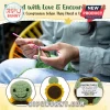 Crocheted green turtle toy with a yellow sunflower shell holding an encouraging note card. Hands knitting with pink hook.!