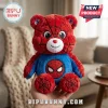 Superhero Bear Plush Doll in red and blue with a spider web pattern, black embroidered eyes, and a heart-shaped nose.