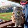 Tampa Bay Rays branded stainless steel tumbler with engraved baseball textures, team logos, and inlaid blue and gold gems.!