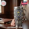 Tampa Bay Rays stainless steel tumbler featuring baseball motifs, team logo, and jewel accents on a wooden desk.!