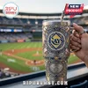 Stainless steel Tampa Bay Rays tumbler with ornate silver baseball filigree, blue and yellow gems, and Tropicana Field art.!