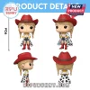Vinyl figure of a cowgirl wearing a red hat, white top, denim shorts, and cow-print cape standing 9 centimeters tall.!