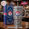 Texas Rangers themed Yeti tumbler featuring intricate silver metal engravings, baseball motifs, and red and blue accents.!