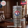 Texas Rangers themed silver tumbler with intricate embossed baseball engravings, red blue rhinestones, and Yeti branding.!