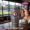 Silver Texas Rangers insulated tumbler with rhinestone accents, baseball engravings, and team logo on a stadium background.!