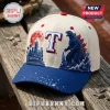 Texas Rangers x Godzilla Minus One baseball cap featuring a blue Godzilla graphic, city skyline, and red team T logo.