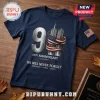 25th Anniversary We Will Never Forget T-Shirt in navy blue featuring twin tower graphics, American flag, and date text.