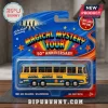 The Beatles Magical Mystery Tour 1967 AEC Reliance die-cast bus in blue and yellow packaging with rainbow lettering.