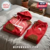 The Dolphins NRL Red Brown Pullover Hoodie and Joggers Set with white drawstrings, brown quilted patches, and team logos.