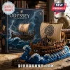 The Odyssey building block set with a Greek trireme model on a wooden table, featuring blue ocean waves and five figures.!