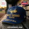 Toronto Blue Jays 2025 ALCS Bound Cap in navy blue with gold embroidery and Want It All text on a wooden bench.