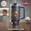 Toronto Blue Jays Embossed Stainless Steel Handle Tumbler with 3D baseball motifs and red maple leaf accents on blue base.