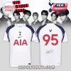 White Tottenham Hotspur soccer jersey with blue accents, AIA logo, V 95 on back, and a printed signature.!