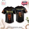 Trivium North America 2026 Skull Baseball Jersey featuring black fabric, orange piping, and metal-inspired graphic prints.