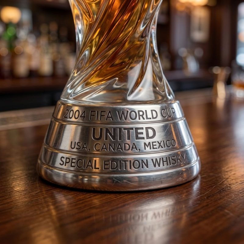 Close up of the silver base of the united 2026 tournament memorabilia decanter on a wooden bar