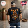 Black t-shirt featuring a US Navy graphic with a skull in a tricorn hat, flames, wings, and anchors on the back.!