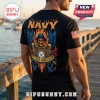 Black US Navy t-shirt featuring a skull, wings, fire, and the text Once a Sailor Always a Sailor with a flag on the sleeve.!