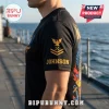 Black short-sleeve athletic shirt with yellow United States Navy insignia and the name Johnson printed on the sleeve.!