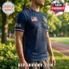 Navy blue athletic t-shirt featuring a textured eagle graphic, embroidered US flag patch, and gold USA text on the sleeve.!