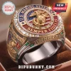 US Marine Corps Semper Fidelis Veteran ring featuring a golden EGA emblem, red enamel, and side engravings in a display.