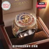 US Marine Corps Semper Fidelis Veteran Ring with US flag enamel, gold eagle emblem, and crystals in a wooden display box.