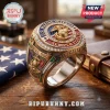 US Marine Corps Semper Fidelis Veteran Ring with gold finish, eagle globe and anchor emblem, and sparkling stone accents.