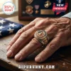 US Marine Corps Semper Fidelis Veteran Ring featuring gold Eagle, Globe, and Anchor emblem on an American flag background.
