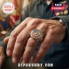 US Marine Corps Semper Fidelis Veteran Ring with eagle, globe, and anchor emblem on a veteran's finger.