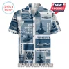 US Navy submarine themed button-down shirt with blue and white collage print featuring vessels, anchors, and sonar graphics.!