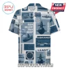 Blue and white patterned button-up shirt featuring US Navy submarine illustrations, radar screens, and anchor graphics.!