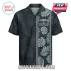 Black short-sleeve button-down shirt with grey tropical leaf pattern and U.S. Submarine Force dolphin emblem print.!