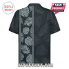 Black short-sleeve button-down shirt with grey tropical monstera leaf and fern print with vertical patterned border.!