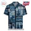 Blue button-up shirt featuring US Navy submarine illustrations, anchors, sonar displays, and the text Run Silent Run Deep.!