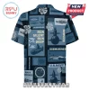 Short-sleeve button-down shirt with blue submarine pattern, U.S. Navy logos, sonar icons, and Run Silent Run Deep text.!