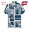 Short-sleeve button-down shirt with blue and white submarine, navy veteran, and sonar radar grid graphic patterns.!